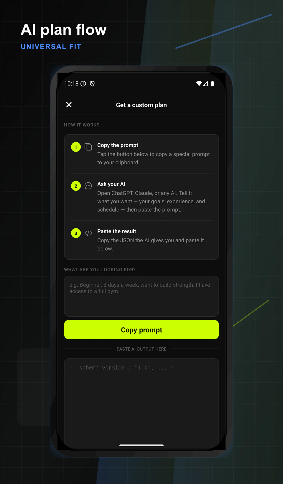 Universal Fit custom plan screen showing the AI prompt workflow.