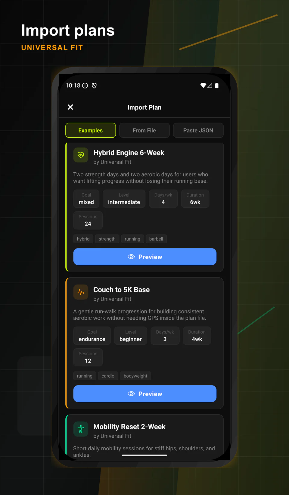 Universal Fit import plan screen showing example workout cards.