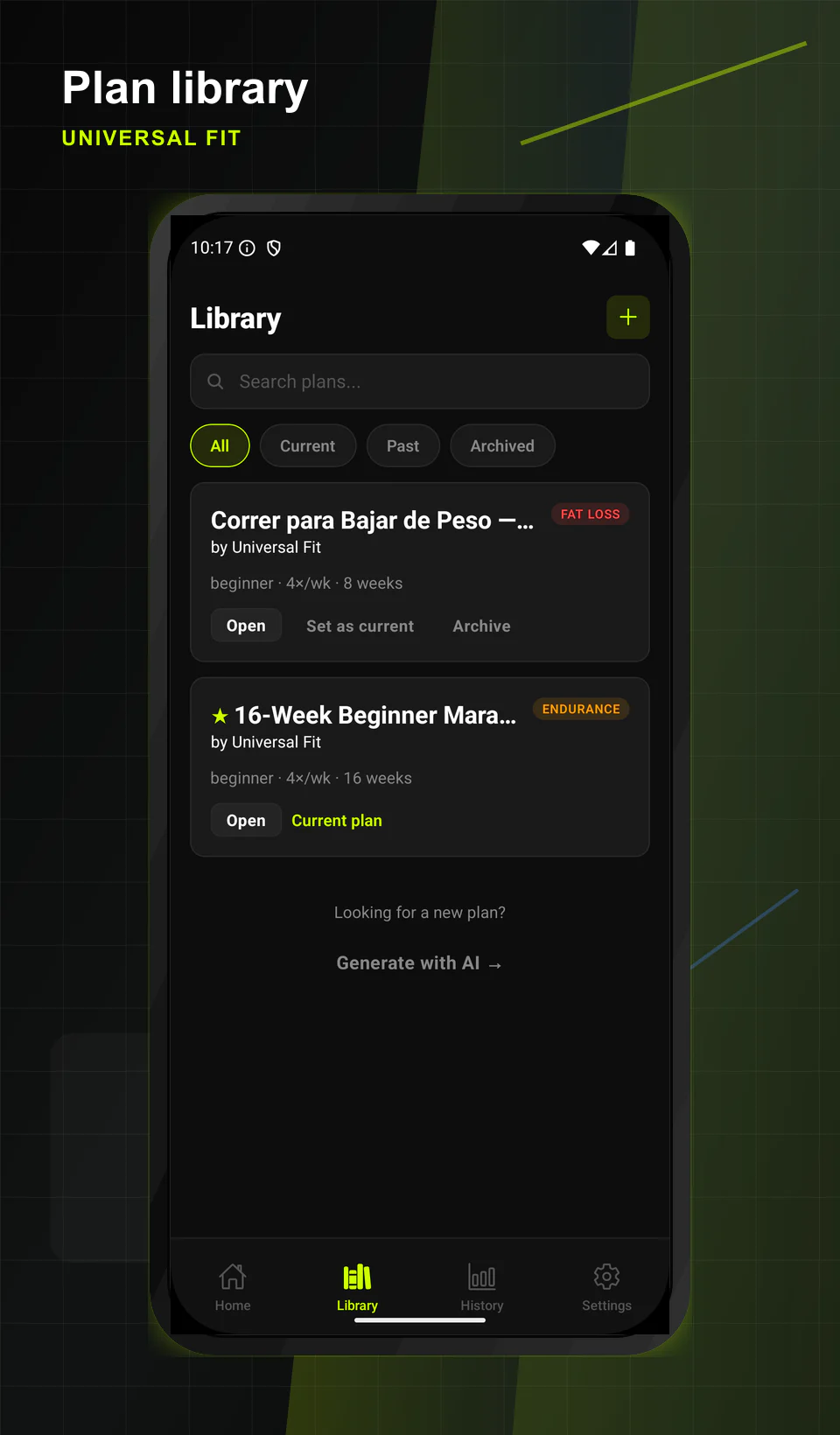 Universal Fit library screen showing searchable workout plans.