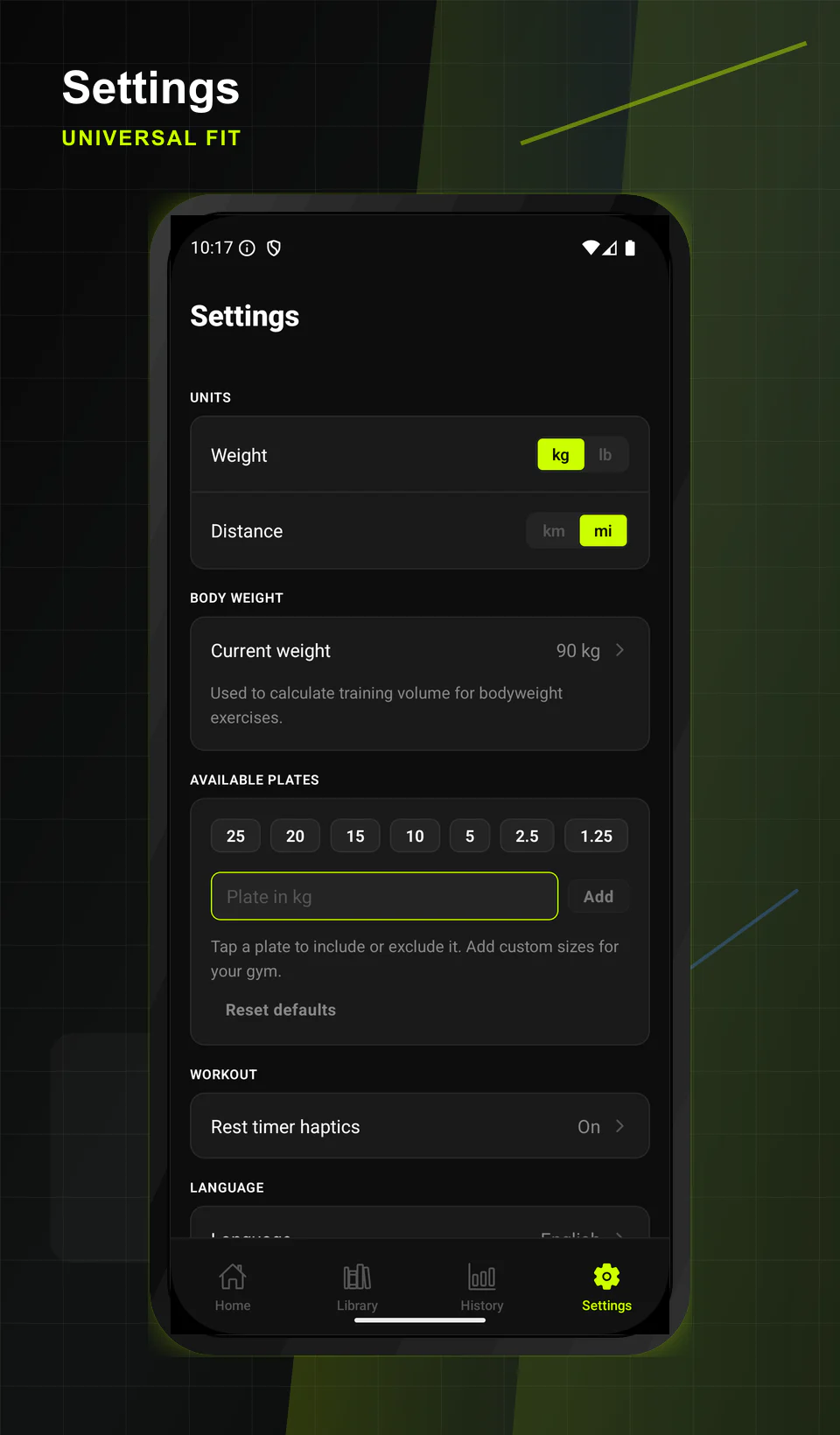 Universal Fit settings screen showing units and plate controls.